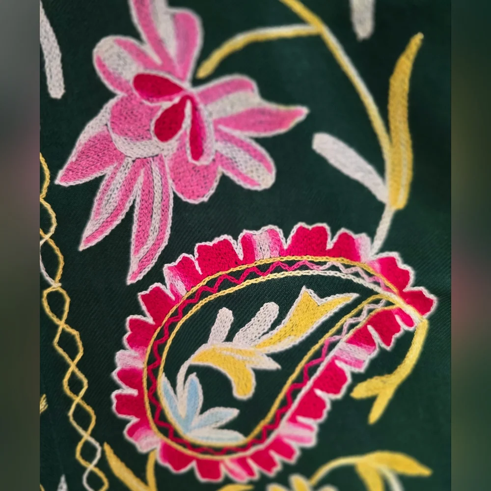 Embroidered Rectangular Hunter Green Tablecloth 40x84 Boho Floral